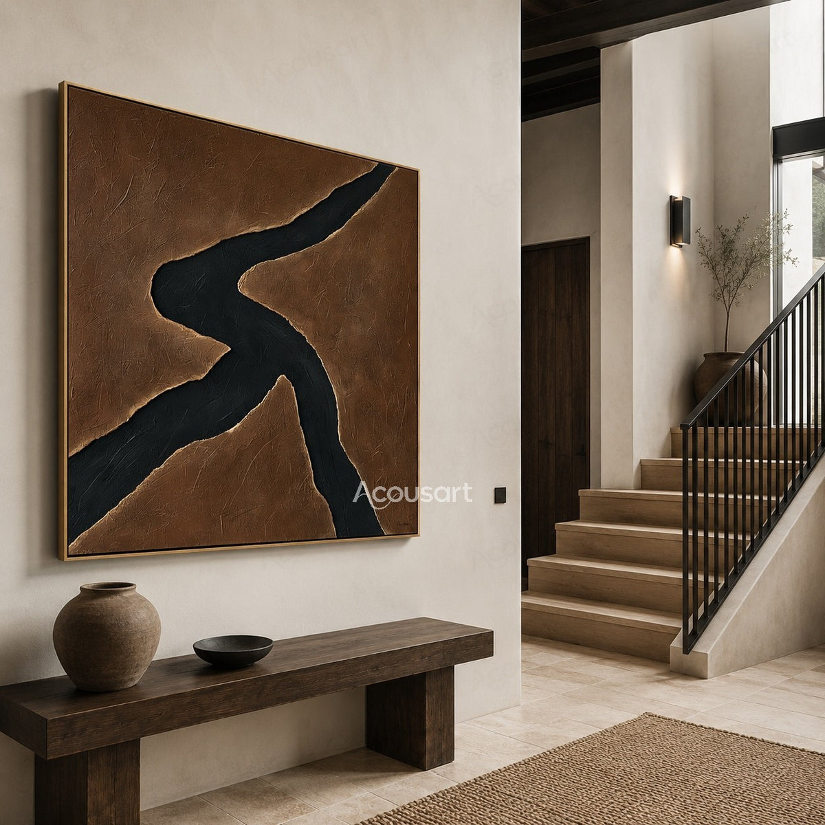 Minimalist black abstract textured wall art with flowing curved shape on a brown background