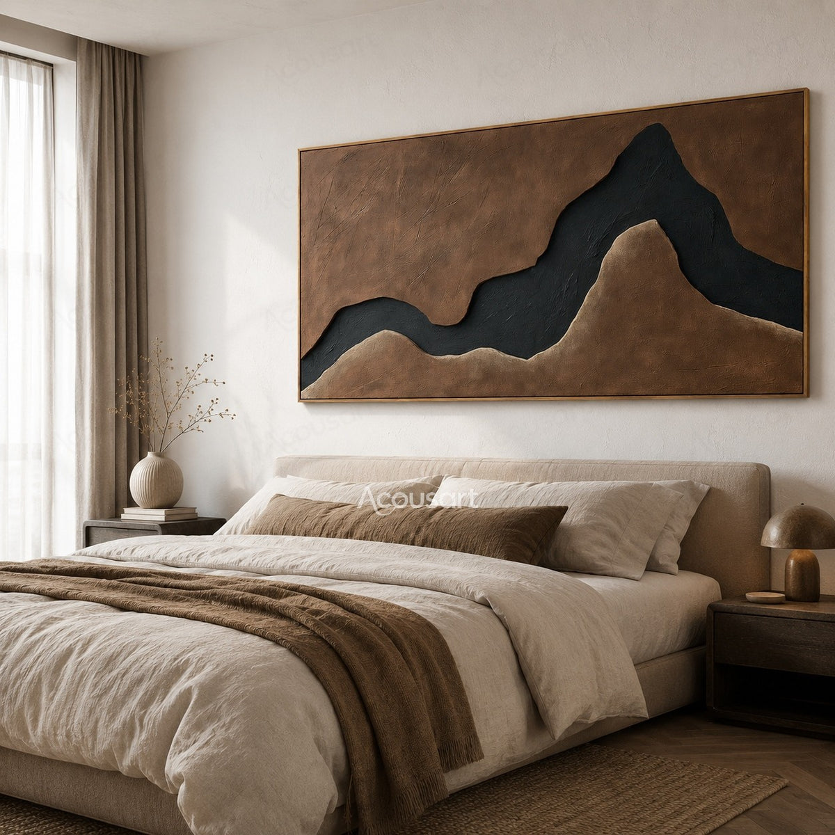 Black mountain shaped abstract textured wall art with brown background and minimalist landscape design