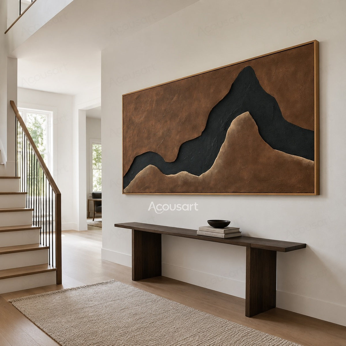 Black mountain shaped abstract textured wall art with brown background and minimalist landscape design