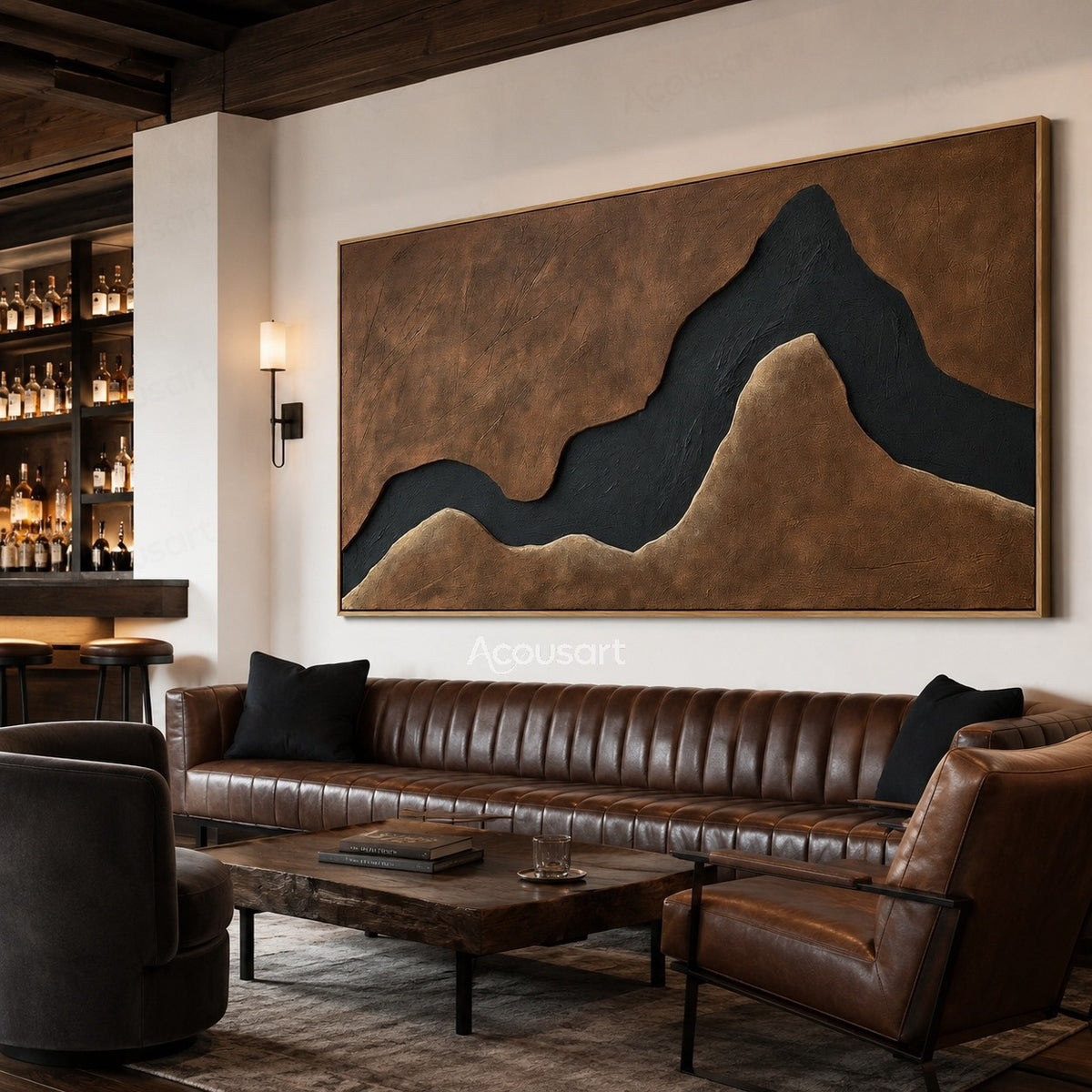 Black mountain shaped abstract textured wall art with brown background and minimalist landscape design