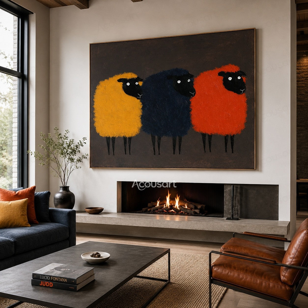 Colorful sheep wall art featuring three fluffy sheep in yellow, navy blue, and orange on a dark background