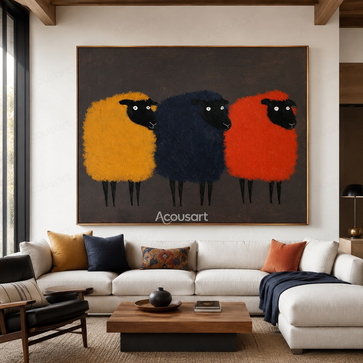 Colorful sheep wall art featuring three fluffy sheep in yellow, navy blue, and orange on a dark background