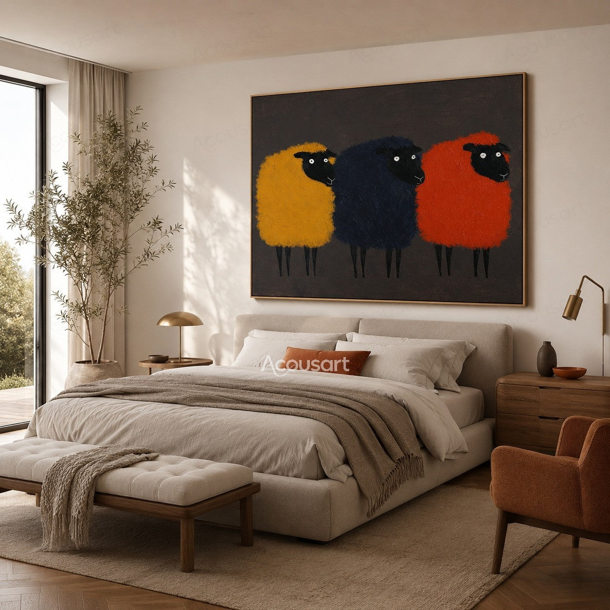 Colorful sheep wall art featuring three fluffy sheep in yellow, navy blue, and orange on a dark background