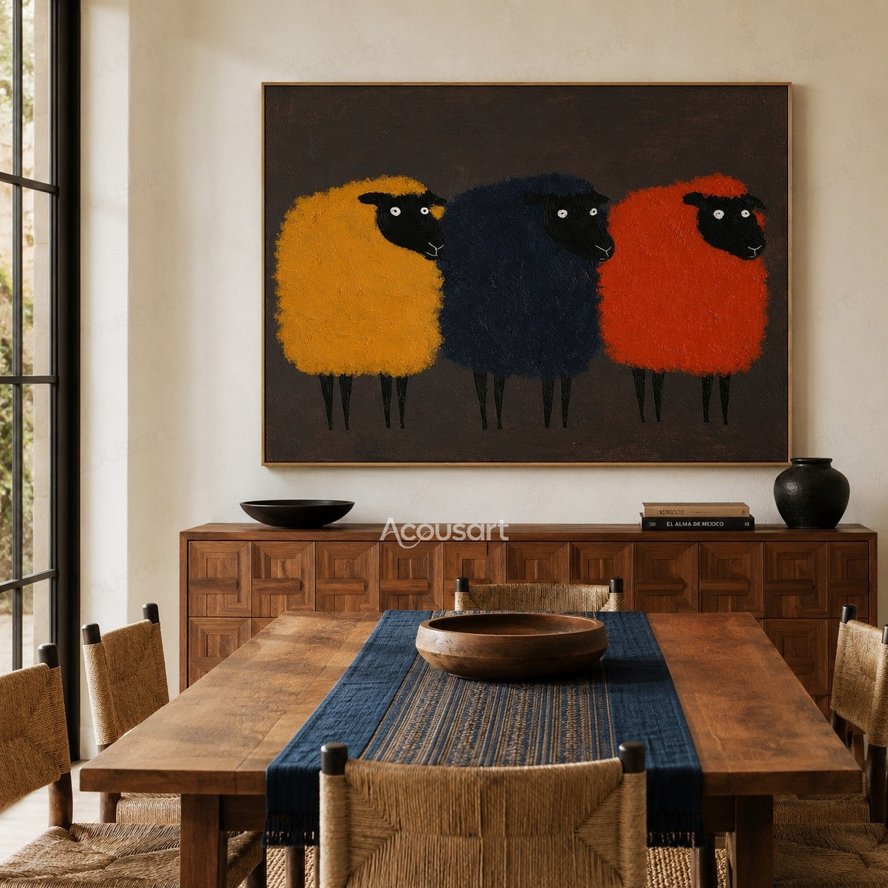 Colorful sheep wall art featuring three fluffy sheep in yellow, navy blue, and orange on a dark background