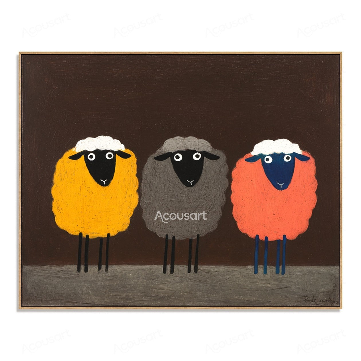 Colorful sheep trio wall art featuring three fluffy sheep in yellow, gray, and orange on a dark brown background