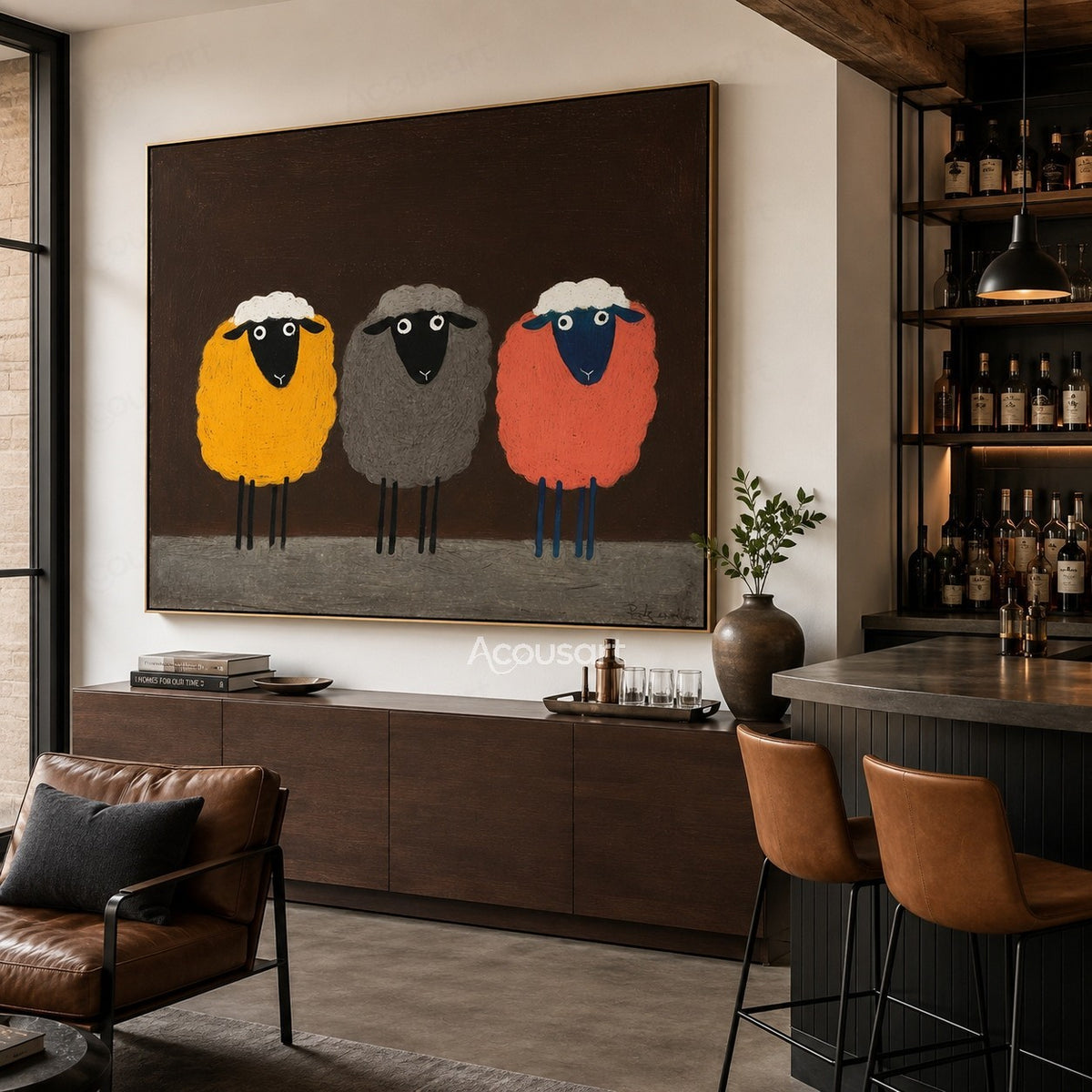 Colorful sheep trio wall art featuring three fluffy sheep in yellow, gray, and orange on a dark brown background