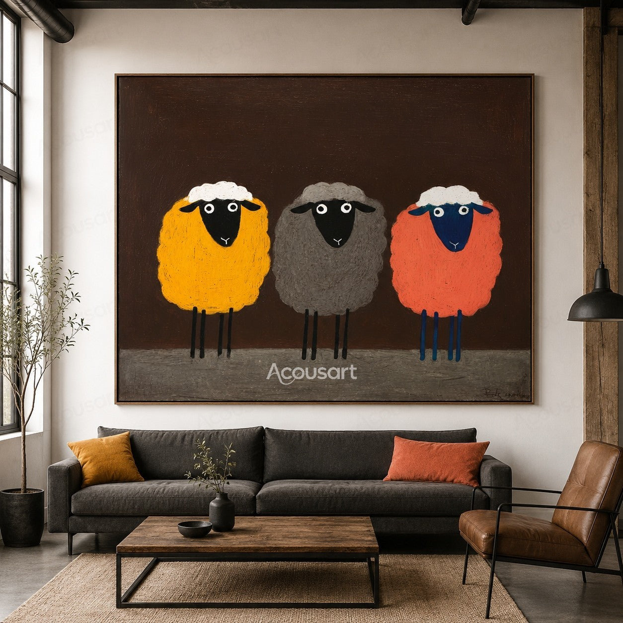 Colorful sheep trio wall art featuring three fluffy sheep in yellow, gray, and orange on a dark brown background