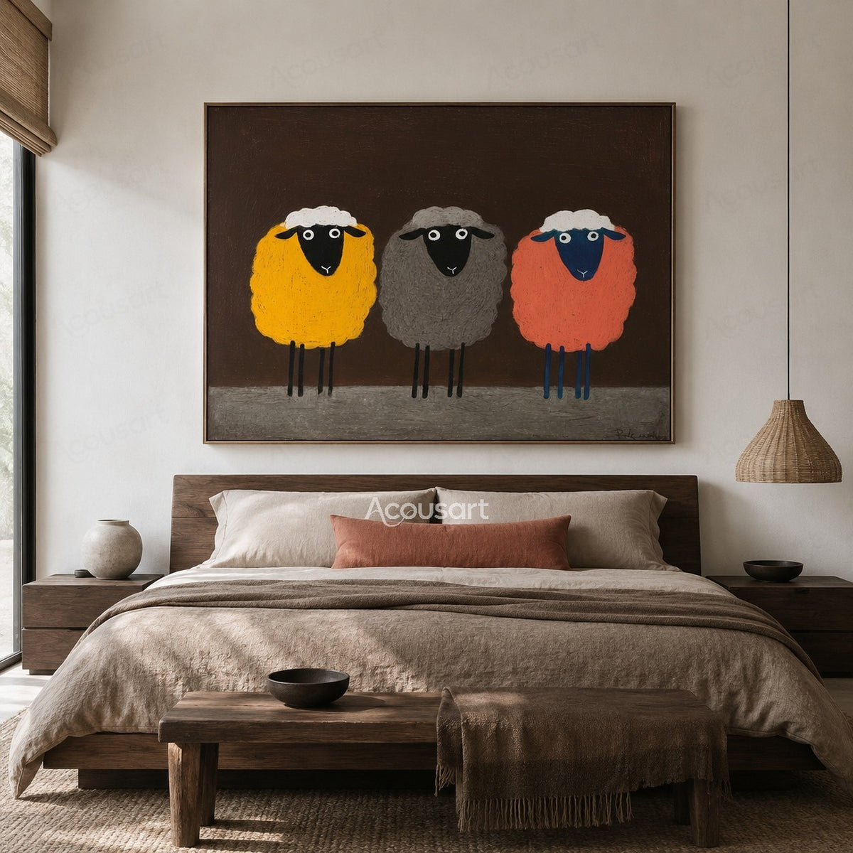 Colorful sheep trio wall art featuring three fluffy sheep in yellow, gray, and orange on a dark brown background