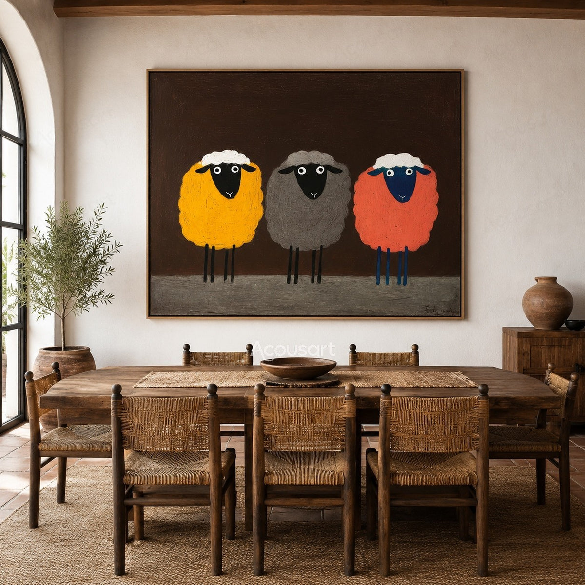 Colorful sheep trio wall art featuring three fluffy sheep in yellow, gray, and orange on a dark brown background