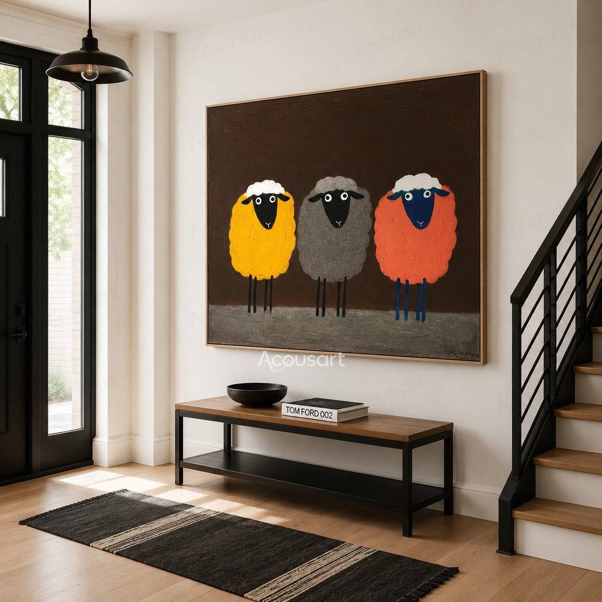 Colorful sheep trio wall art featuring three fluffy sheep in yellow, gray, and orange on a dark brown background