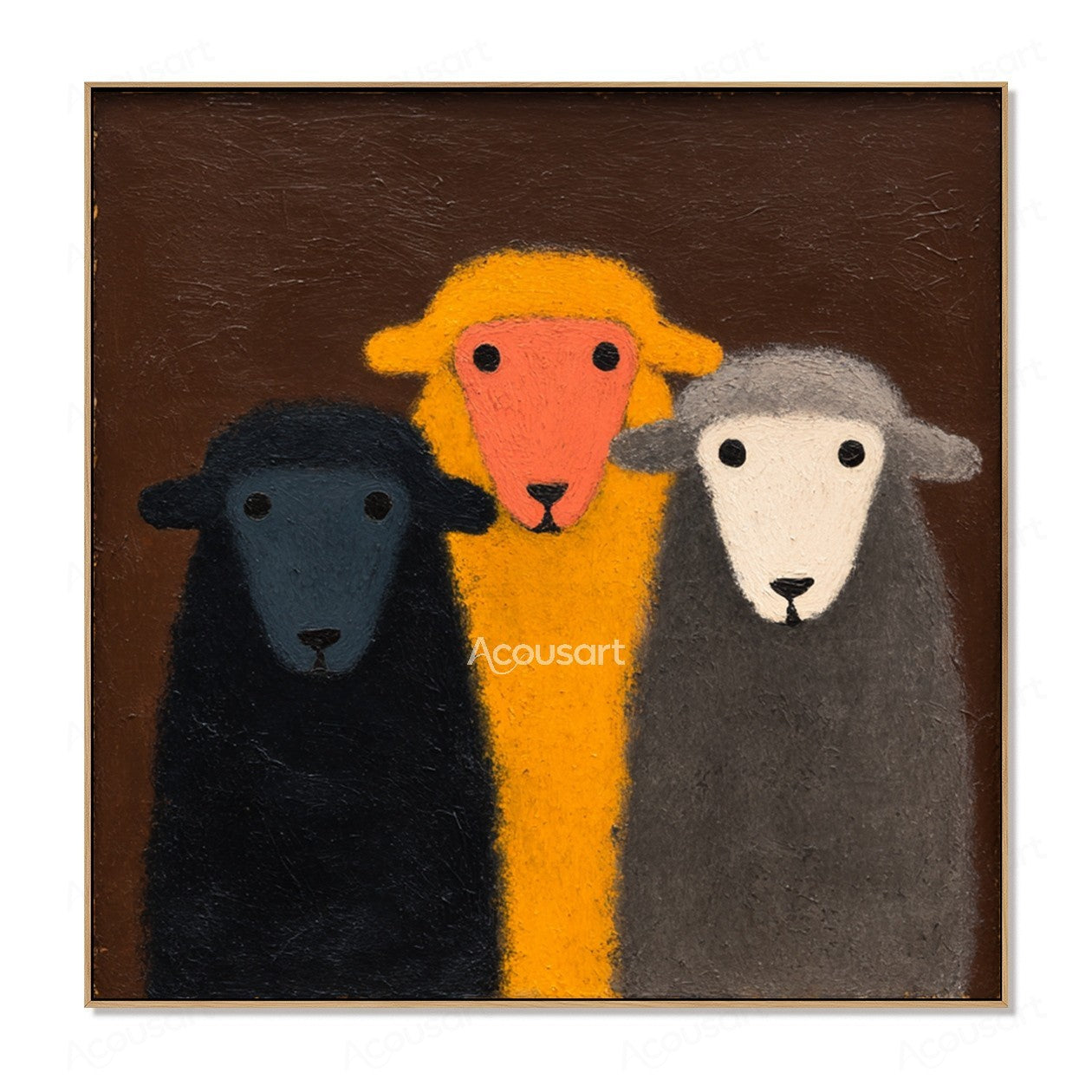 Three colorful sheep wall art featuring navy blue, yellow, and gray sheep on a dark brown textured background