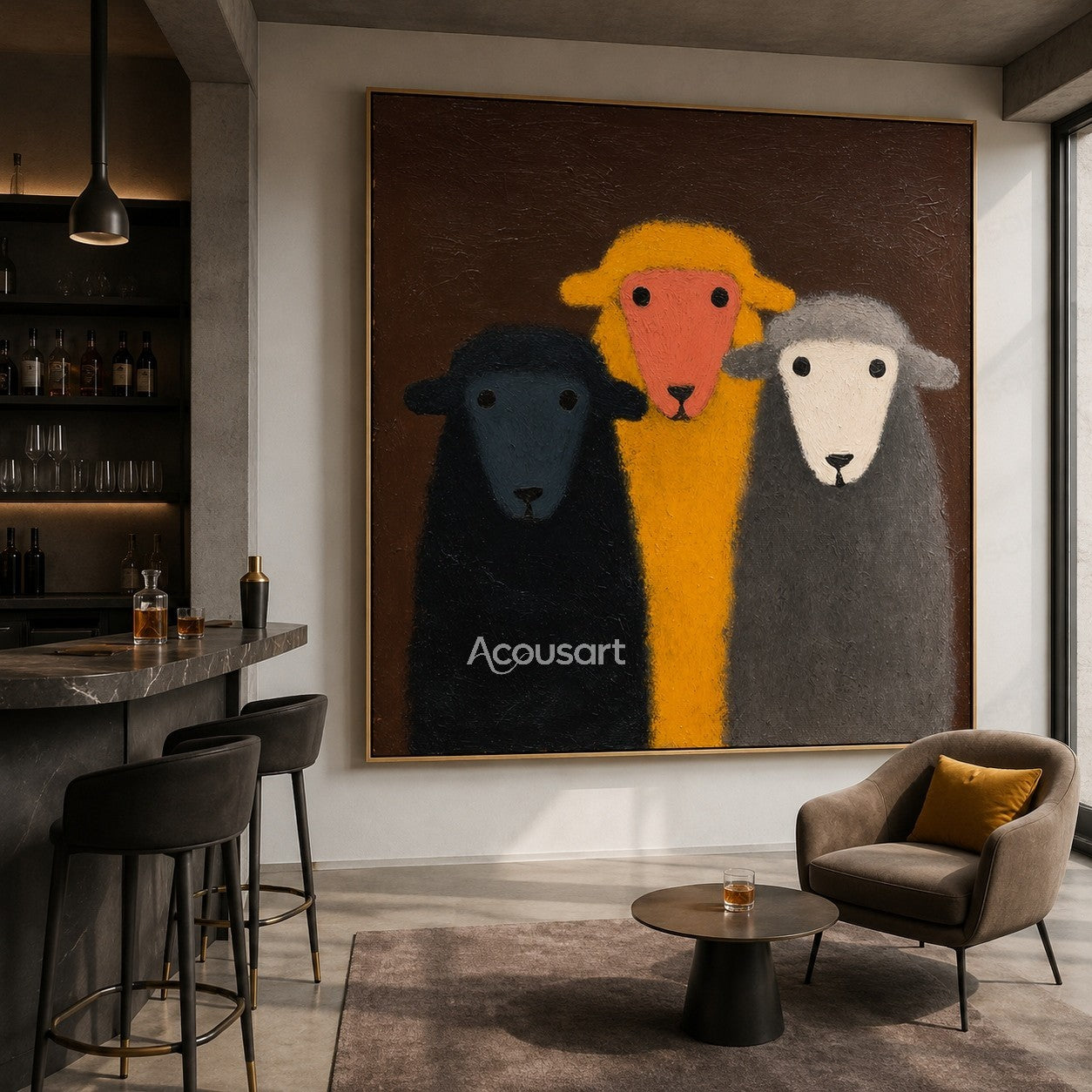 Three colorful sheep wall art featuring navy blue, yellow, and gray sheep on a dark brown textured background
