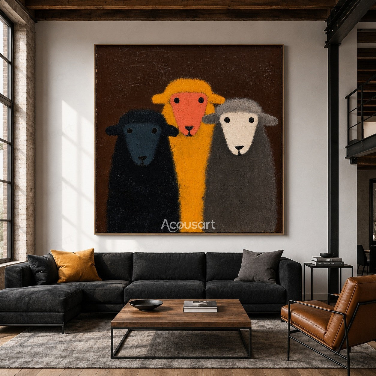 Three colorful sheep wall art featuring navy blue, yellow, and gray sheep on a dark brown textured background