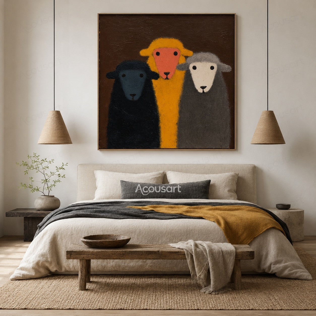 Three colorful sheep wall art featuring navy blue, yellow, and gray sheep on a dark brown textured background