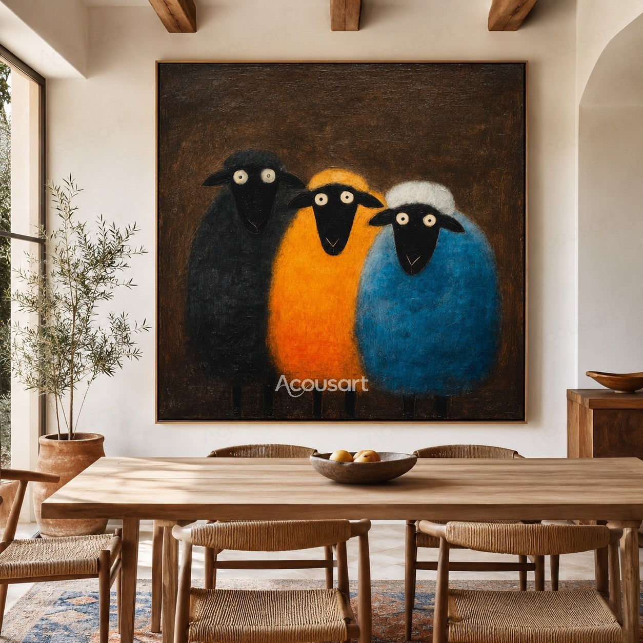 Three colorful sheep wall art with black, yellow, and blue sheep on a dark brown textured background