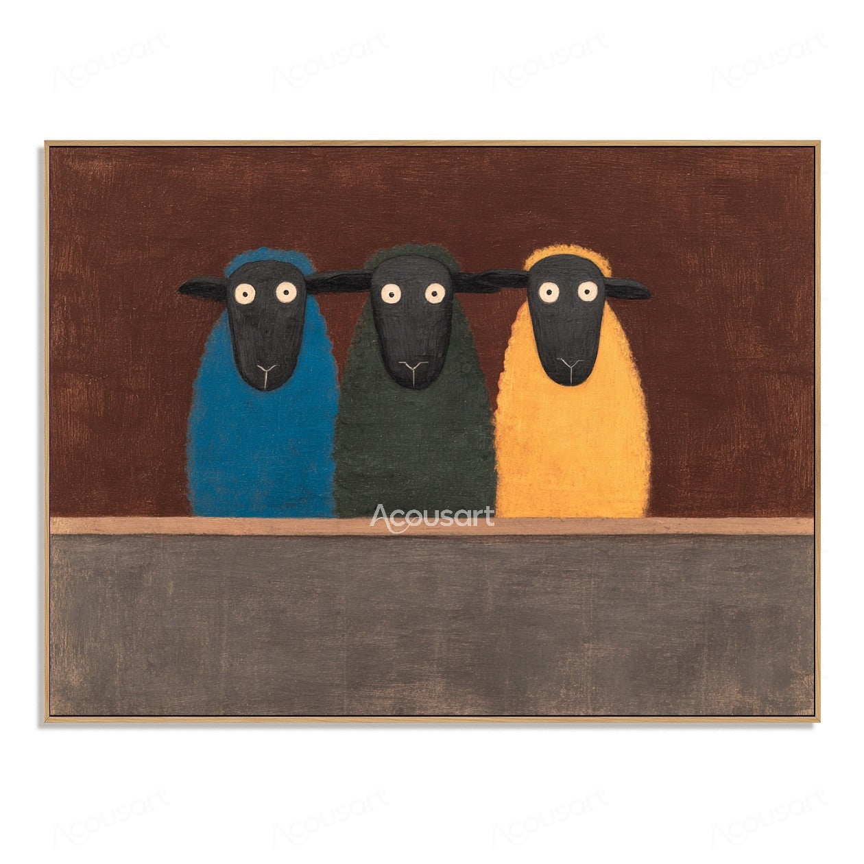 Three colorful sheep wall art featuring blue, green, and yellow sheep on a brown textured background