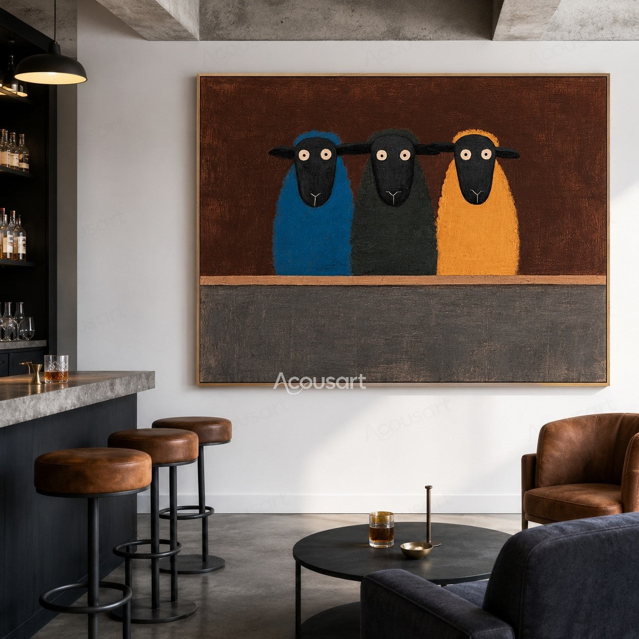 Three colorful sheep wall art featuring blue, green, and yellow sheep on a brown textured background