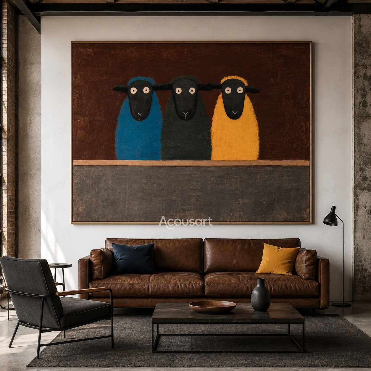 Three colorful sheep wall art featuring blue, green, and yellow sheep on a brown textured background
