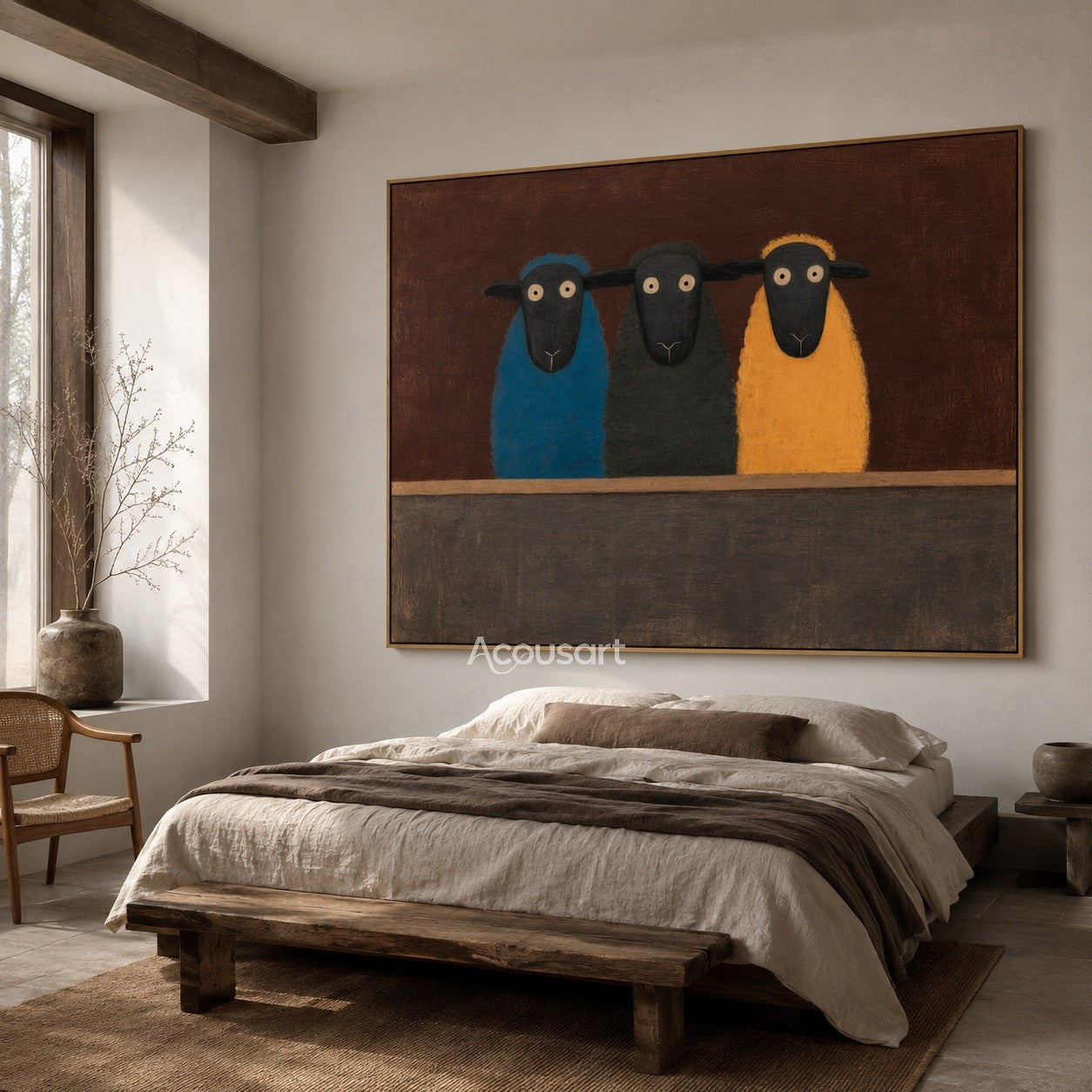 Three colorful sheep wall art featuring blue, green, and yellow sheep on a brown textured background