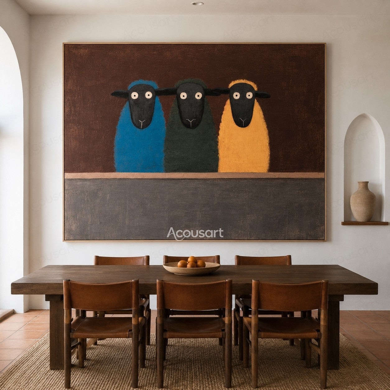 Three colorful sheep wall art featuring blue, green, and yellow sheep on a brown textured background