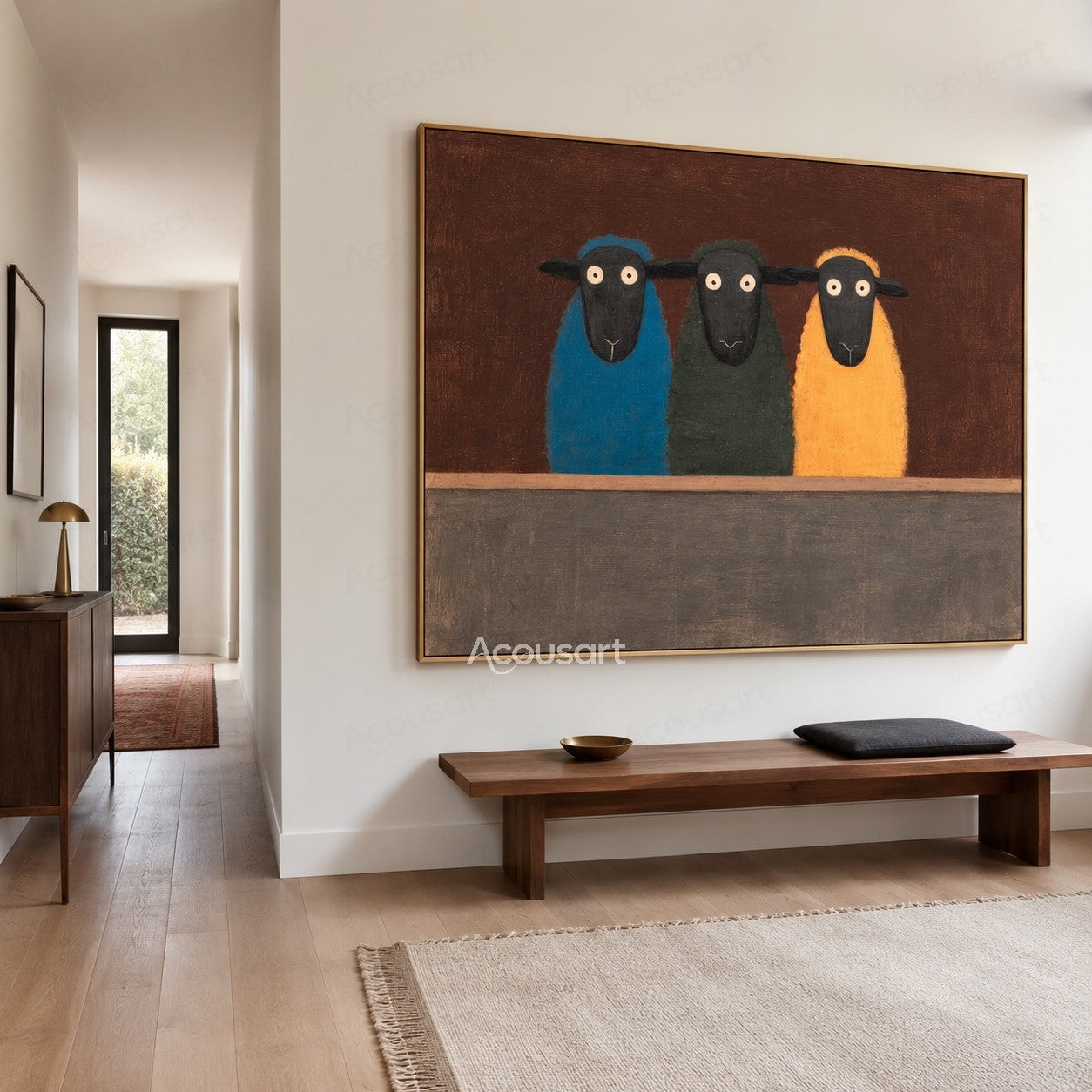 Three colorful sheep wall art featuring blue, green, and yellow sheep on a brown textured background