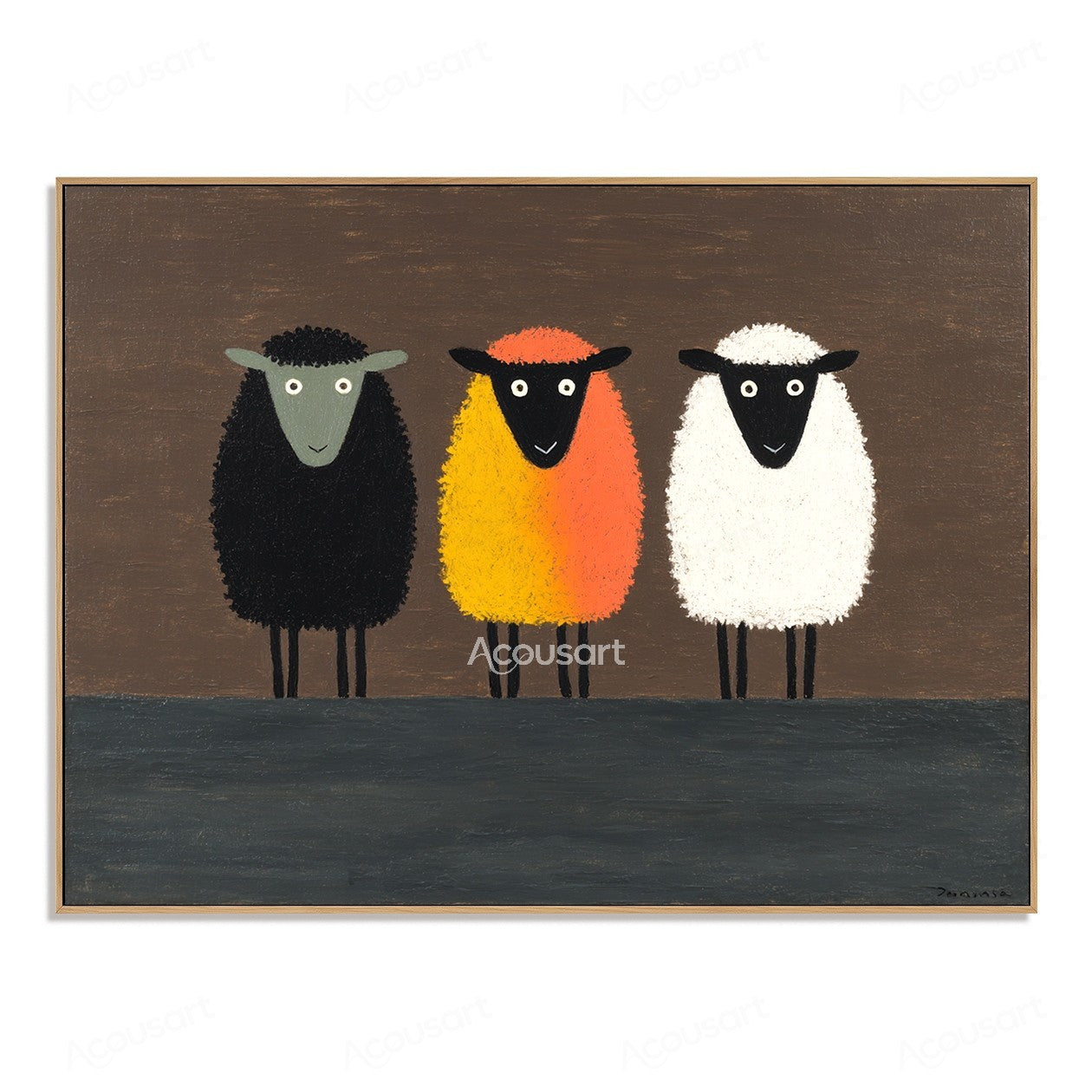 Three colorful sheep wall art featuring black, orange, and white sheep on a dark brown background with textured brushstrokes