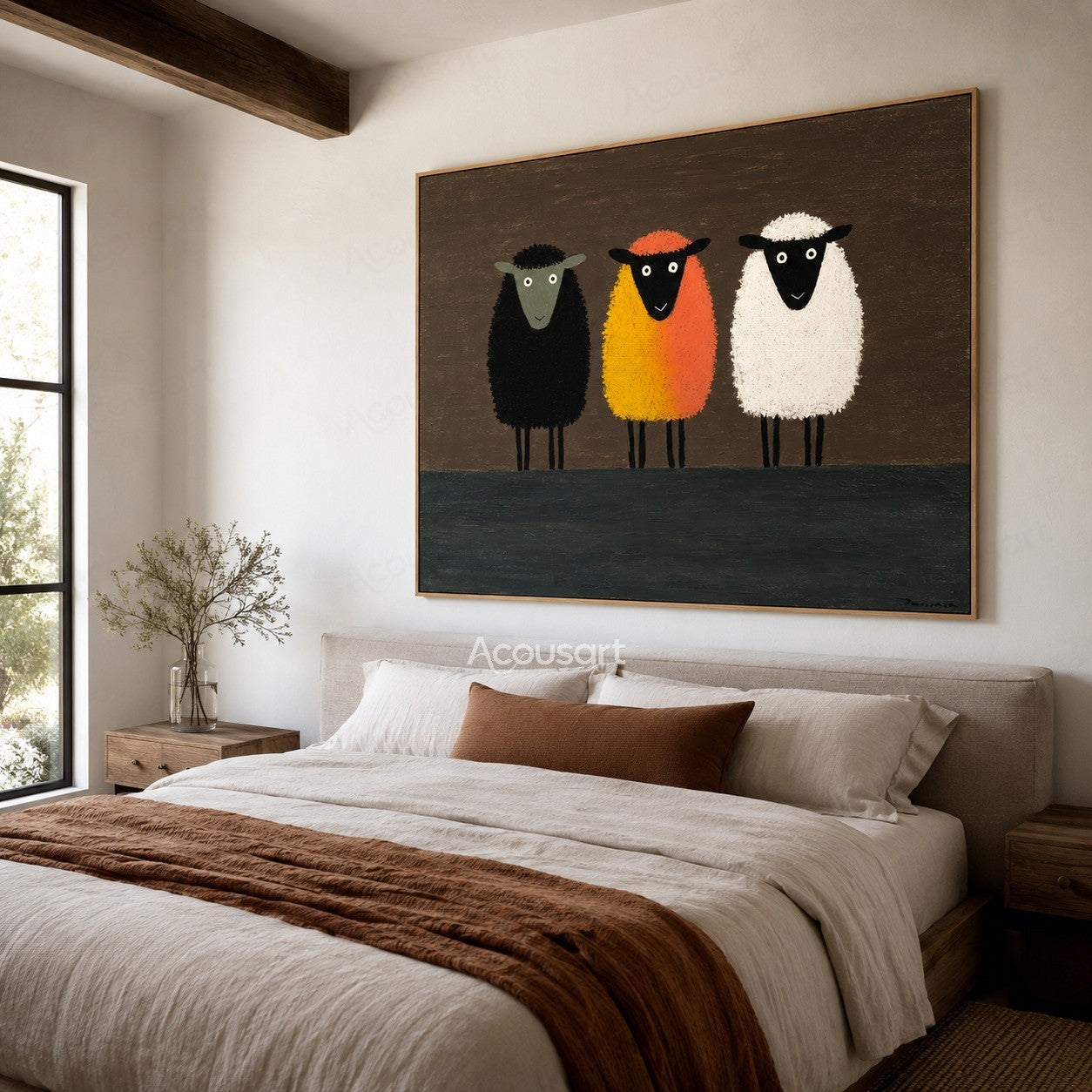 Three colorful sheep wall art featuring black, orange, and white sheep on a dark brown background with textured brushstrokes
