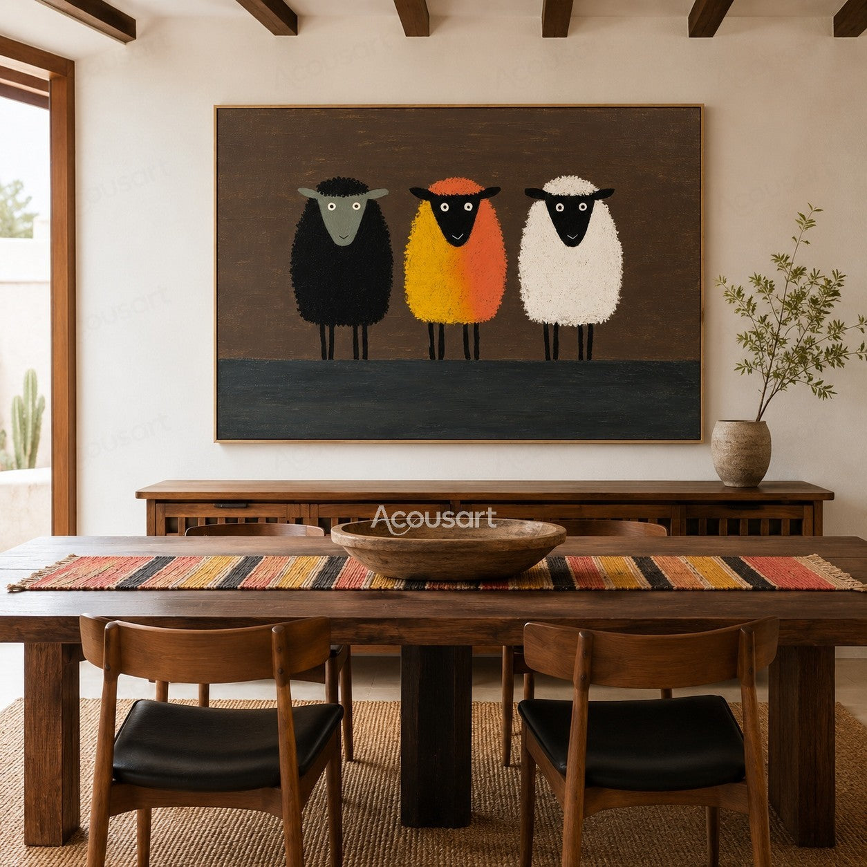 Three colorful sheep wall art featuring black, orange, and white sheep on a dark brown background with textured brushstrokes