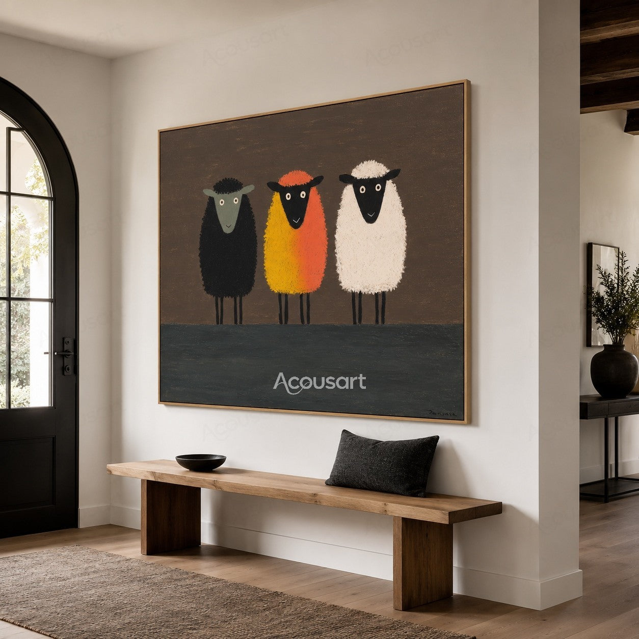 Three colorful sheep wall art featuring black, orange, and white sheep on a dark brown background with textured brushstrokes