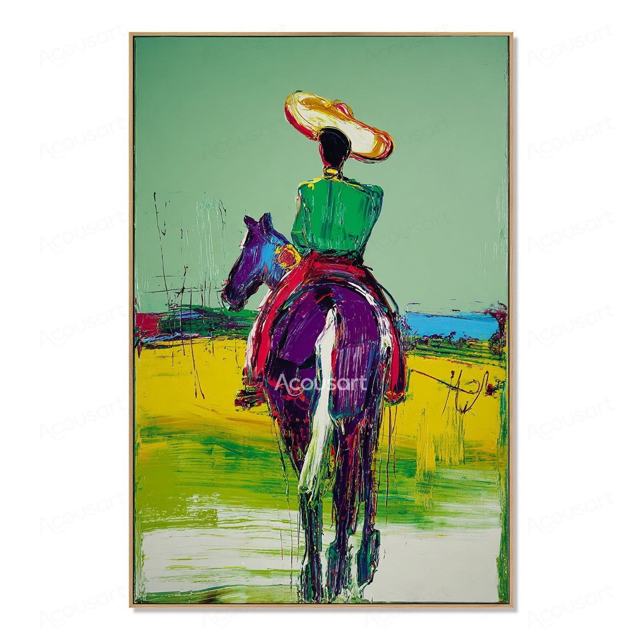 Colorful western horse wall art featuring rider in green jacket and wide hat riding across bright landscape