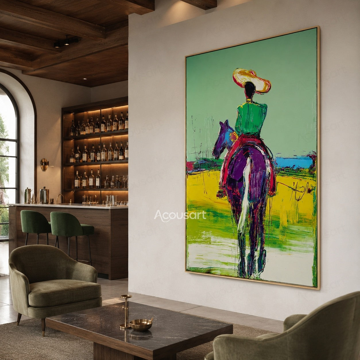 Colorful western horse wall art featuring rider in green jacket and wide hat riding across bright landscape