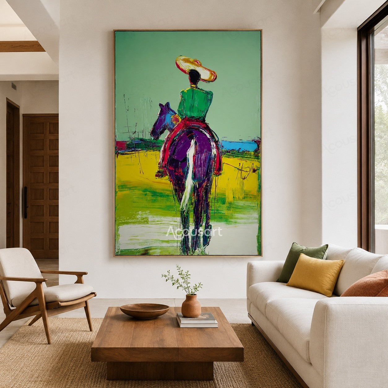 Colorful western horse wall art featuring rider in green jacket and wide hat riding across bright landscape