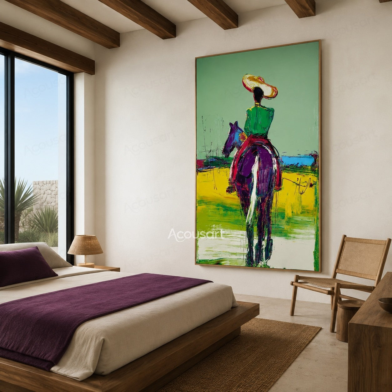 Colorful western horse wall art featuring rider in green jacket and wide hat riding across bright landscape
