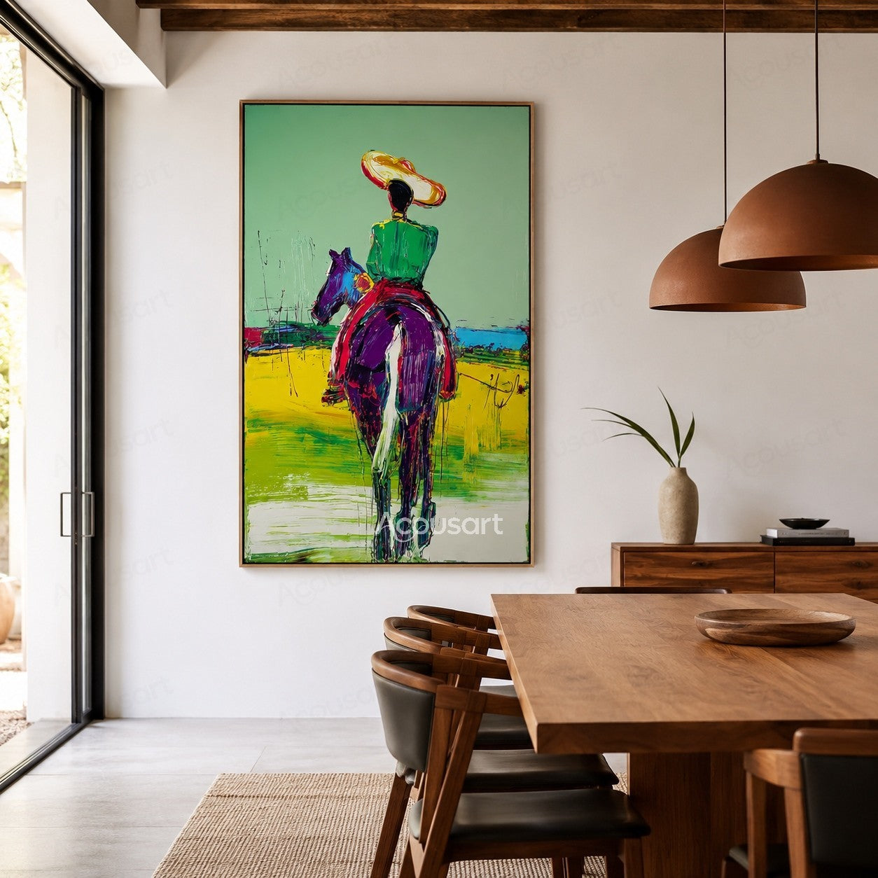 Colorful western horse wall art featuring rider in green jacket and wide hat riding across bright landscape