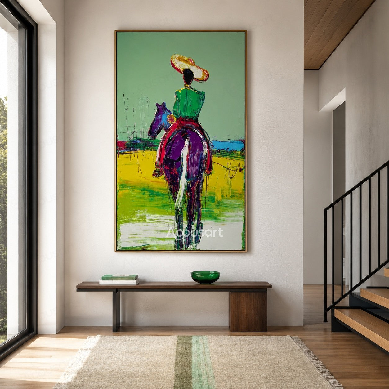 Colorful western horse wall art featuring rider in green jacket and wide hat riding across bright landscape