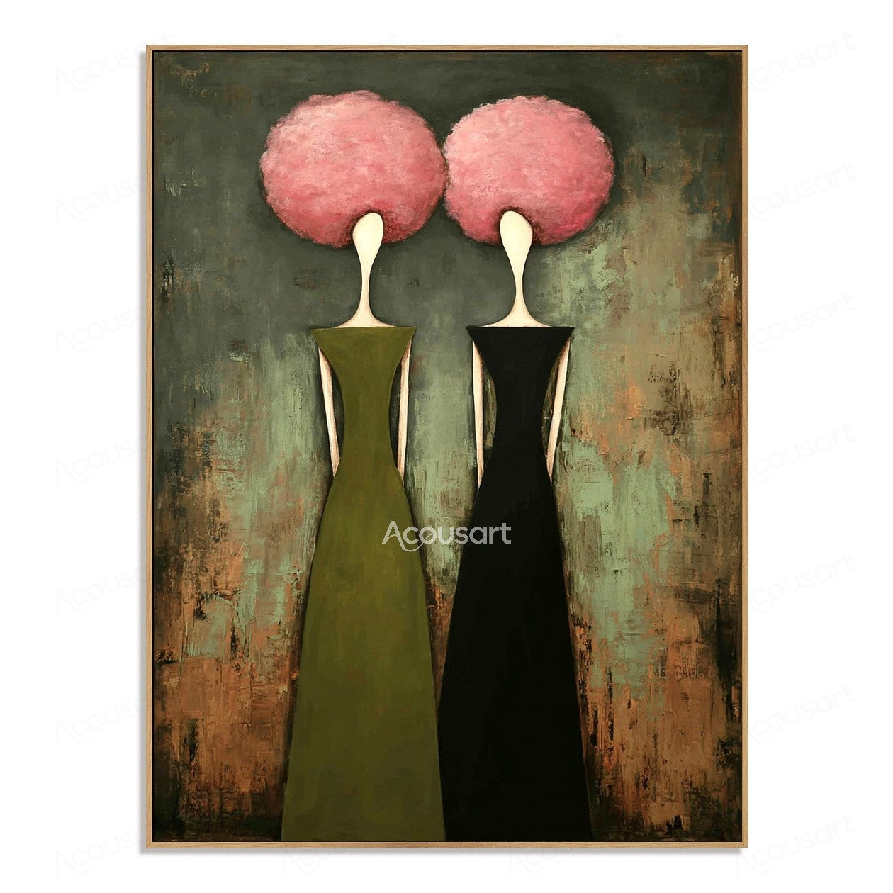 Feminine abstract portrait wall art featuring two women in olive and black dresses with pink flower-like hair on textured background