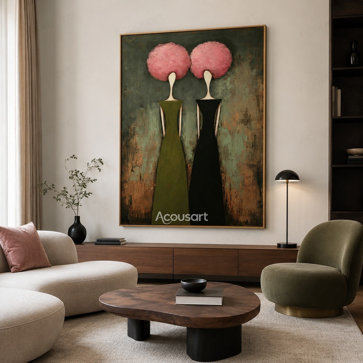 Feminine abstract portrait wall art featuring two women in olive and black dresses with pink flower-like hair on textured background