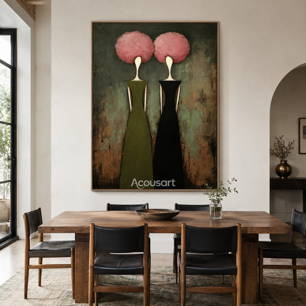 Feminine abstract portrait wall art featuring two women in olive and black dresses with pink flower-like hair on textured background