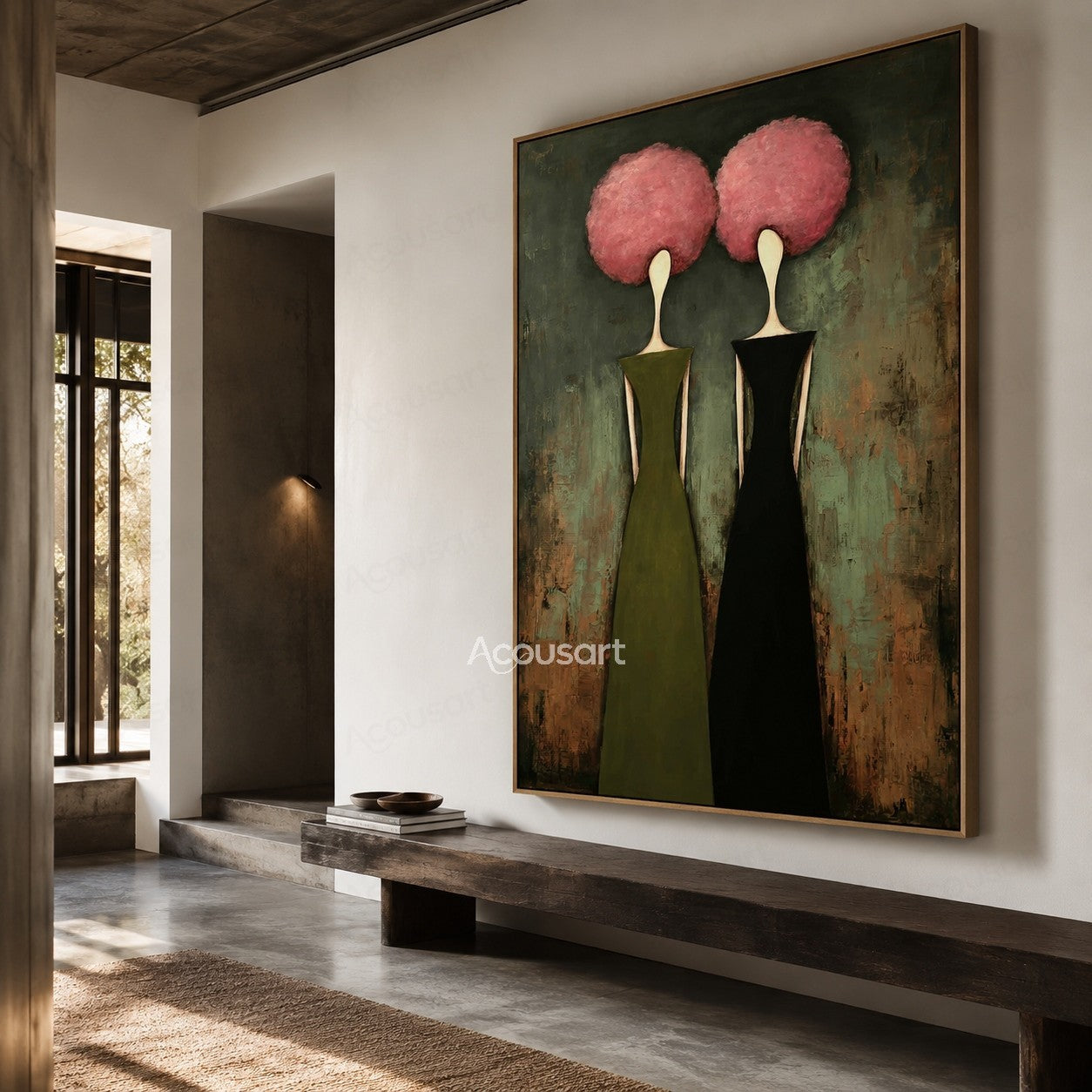 Feminine abstract portrait wall art featuring two women in olive and black dresses with pink flower-like hair on textured background
