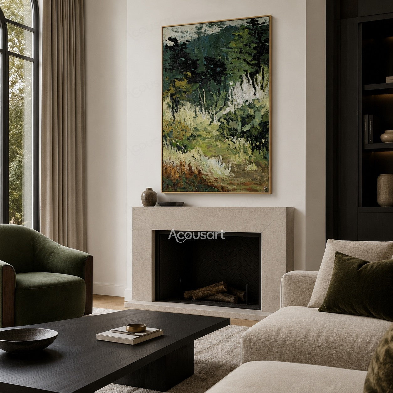 Impressionist forest landscape oil painting with green trees, textured brushstrokes, and a peaceful meadow path