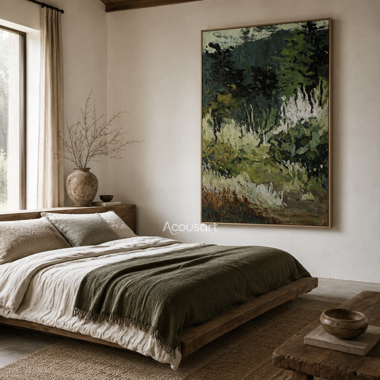 Impressionist forest landscape oil painting with green trees, textured brushstrokes, and a peaceful meadow path