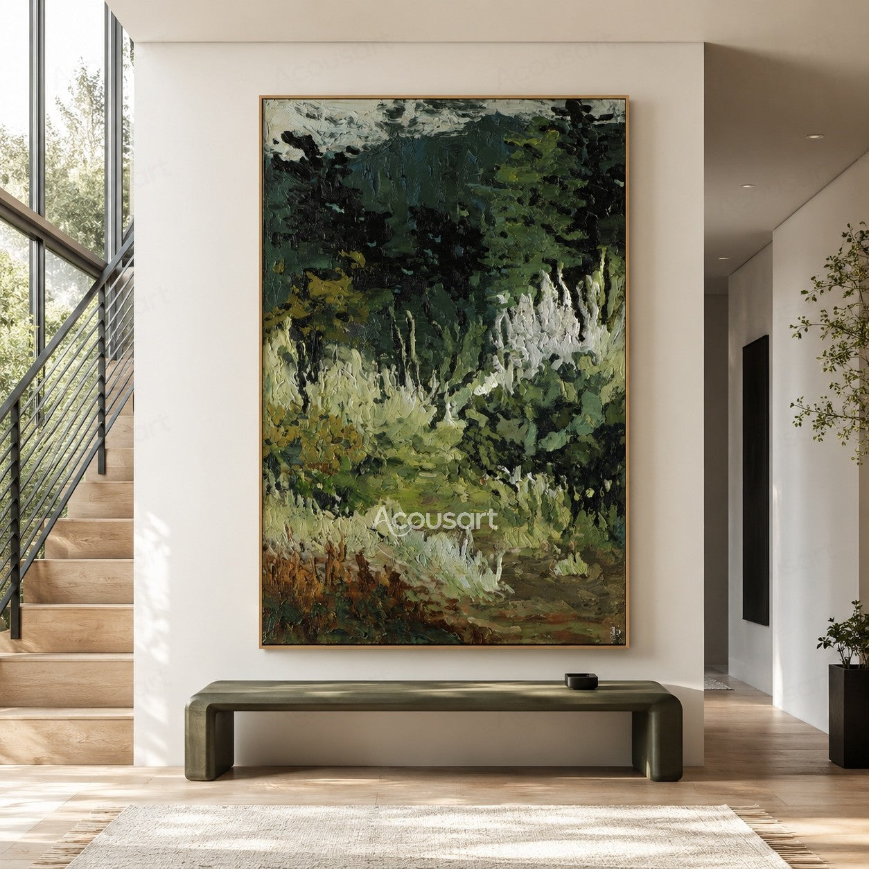 Impressionist forest landscape oil painting with green trees, textured brushstrokes, and a peaceful meadow path
