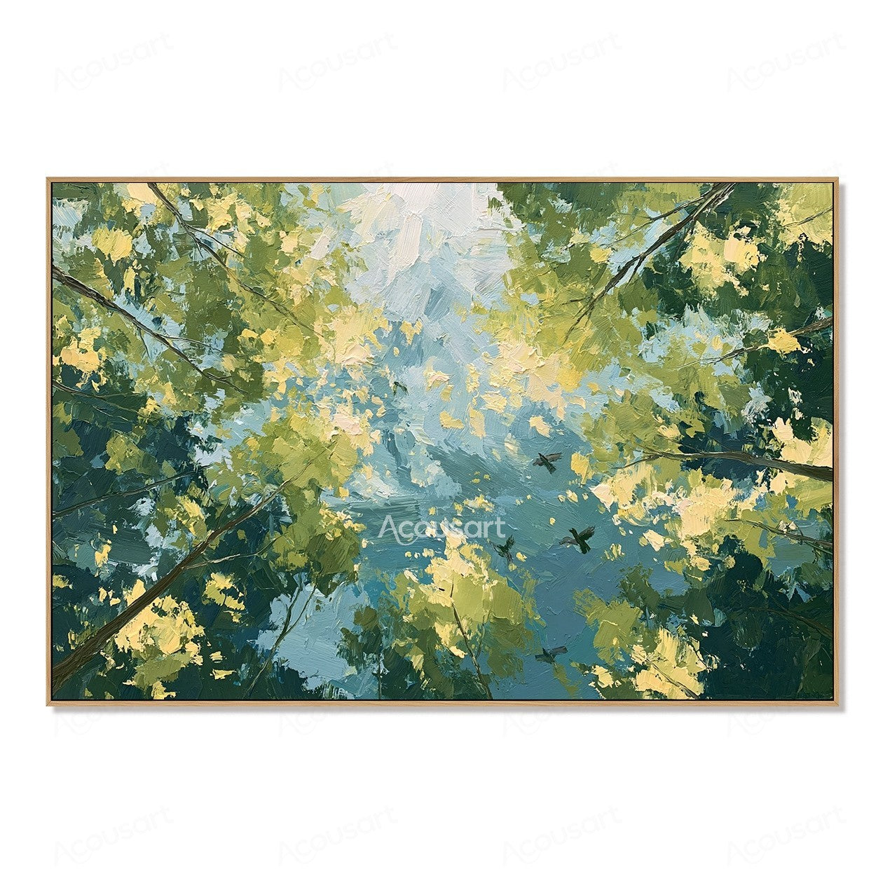 Impressionist tree canopy oil painting with green leaves, blue sky, branches, and birds flying overhead