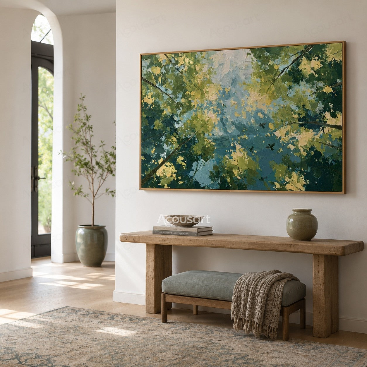 Impressionist tree canopy oil painting with green leaves, blue sky, branches, and birds flying overhead