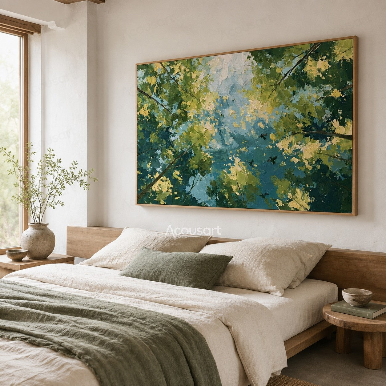 Impressionist tree canopy oil painting with green leaves, blue sky, branches, and birds flying overhead