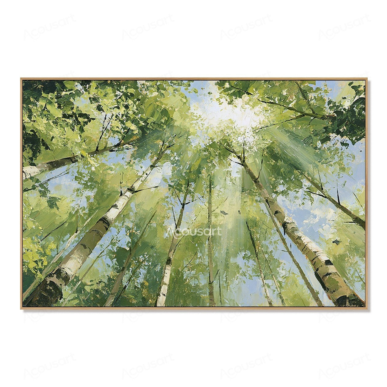Sunlit birch tree canopy oil painting with green leaves, blue sky, and soft light beams