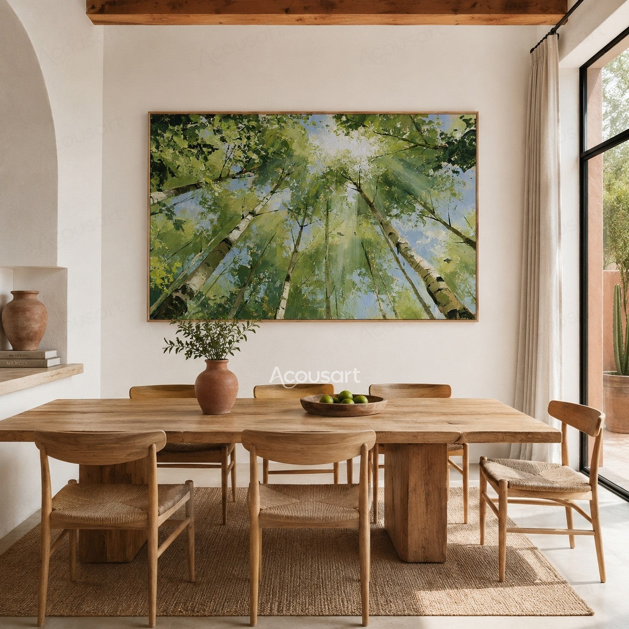 Sunlit birch tree canopy oil painting with green leaves, blue sky, and soft light beams
