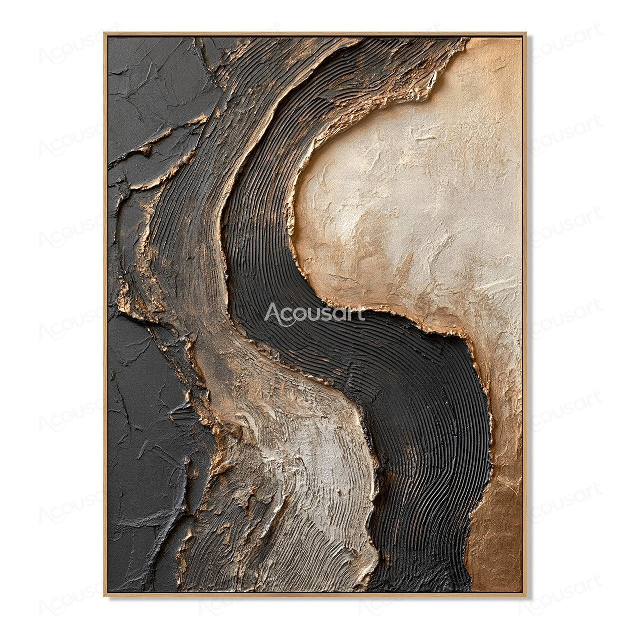 Black and beige textured abstract wall art with raised curved layers and organic stone-like patterns
