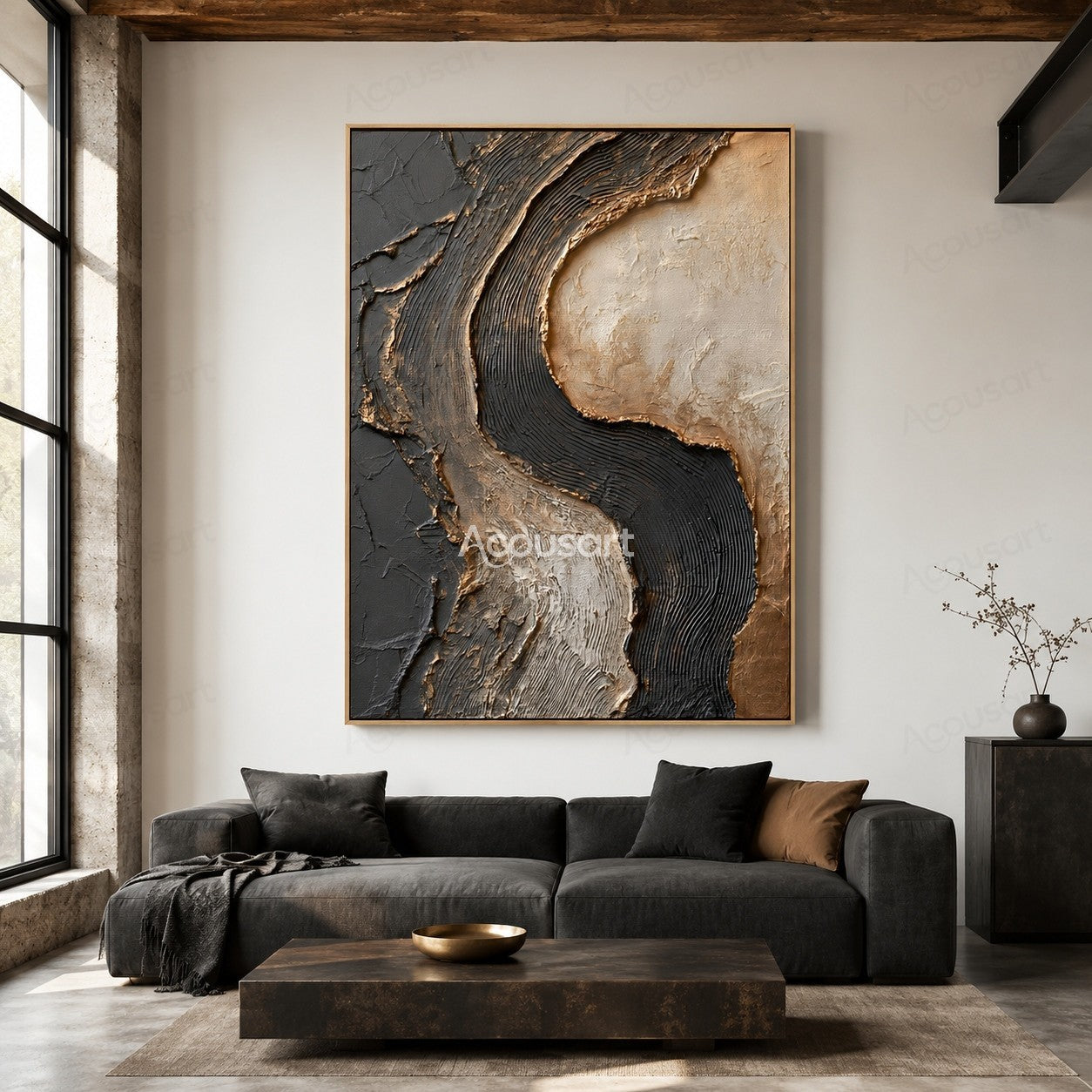 Black and beige textured abstract wall art with raised curved layers and organic stone-like patterns