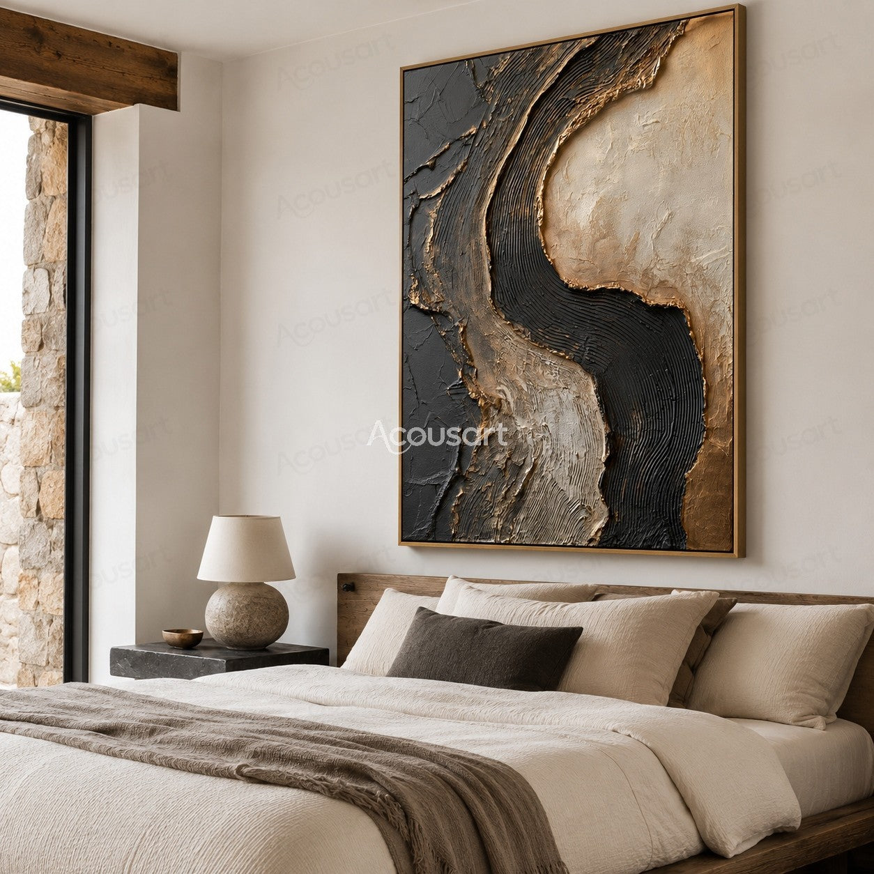 Black and beige textured abstract wall art with raised curved layers and organic stone-like patterns